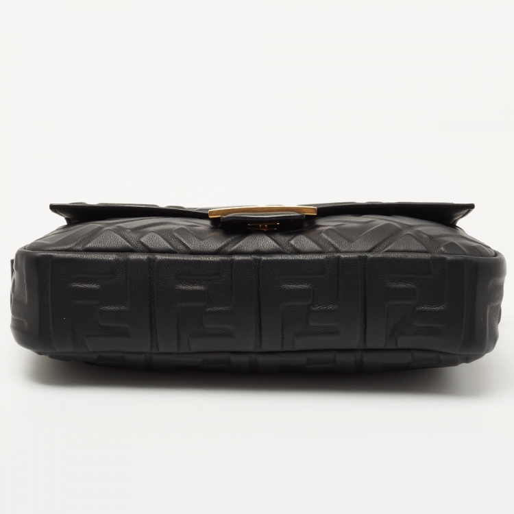 Pre Owned Fendi Black Zucca Embossed Leather Medium Baguette Bag