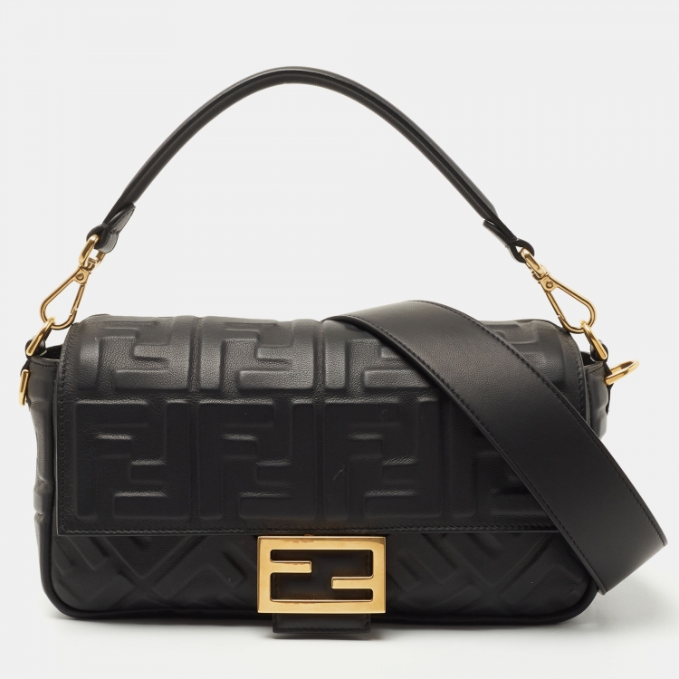 Pre Owned Fendi Black Zucca Embossed Leather Medium Baguette Bag