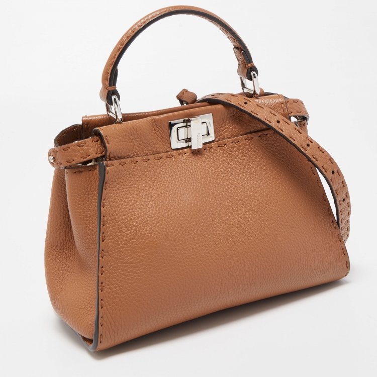 Pre Owned Fendi Brown Selleria Leather Mini Peekaboo Top Handle Bag