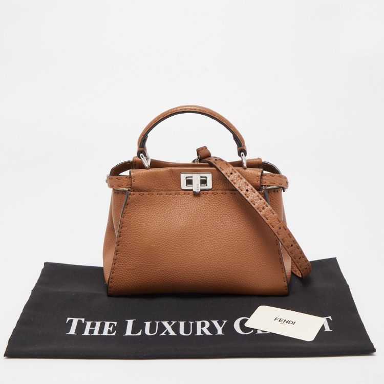 Pre Owned Fendi Brown Selleria Leather Mini Peekaboo Top Handle Bag