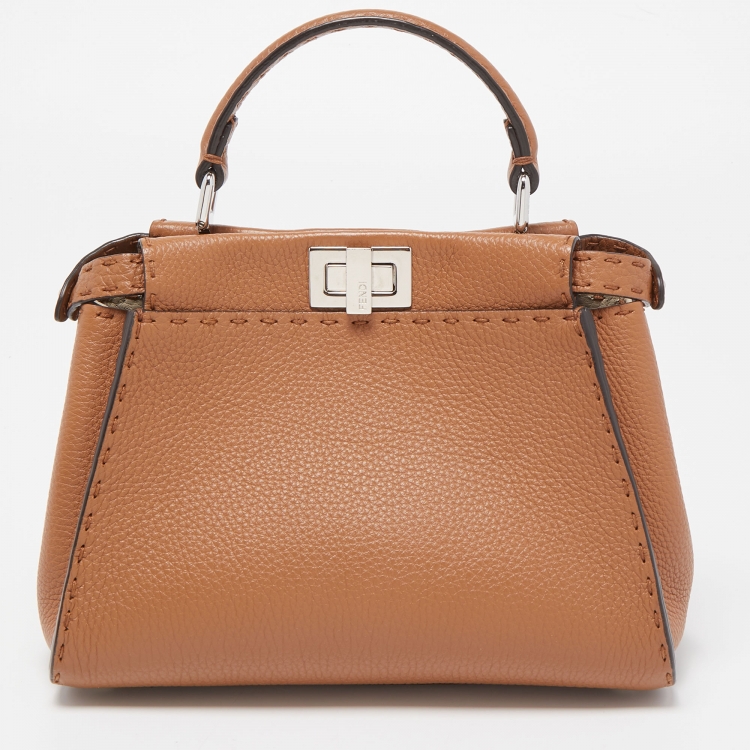 Pre Owned Fendi Brown Selleria Leather Mini Peekaboo Top Handle Bag
