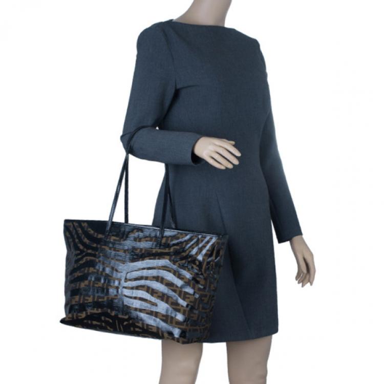 Pre Owned Fendi Brown Zucca Canvas Zebra Print Tote