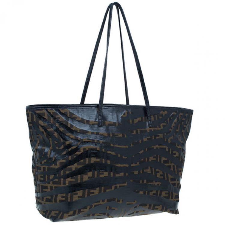Pre Owned Fendi Brown Zucca Canvas Zebra Print Tote