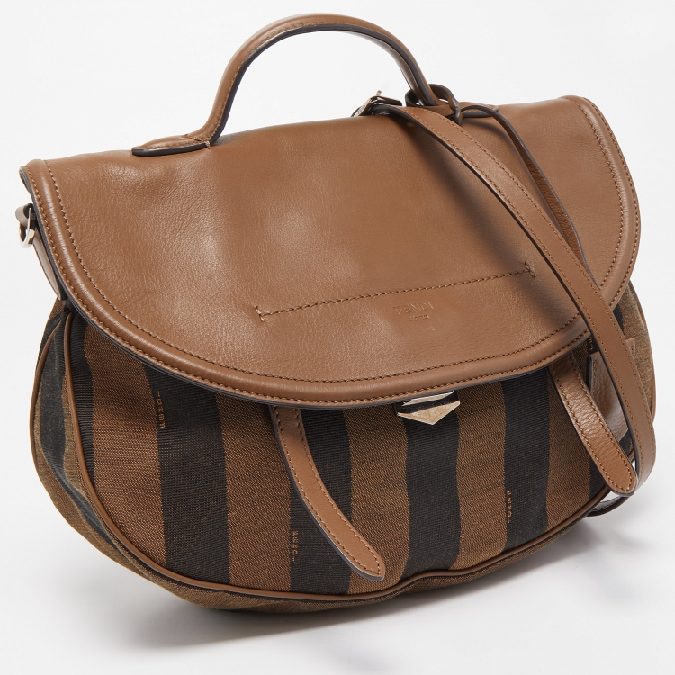 Pre Owned Fendi Tobacco Stripe Canvas and Leather Saddle Top Handle Bag