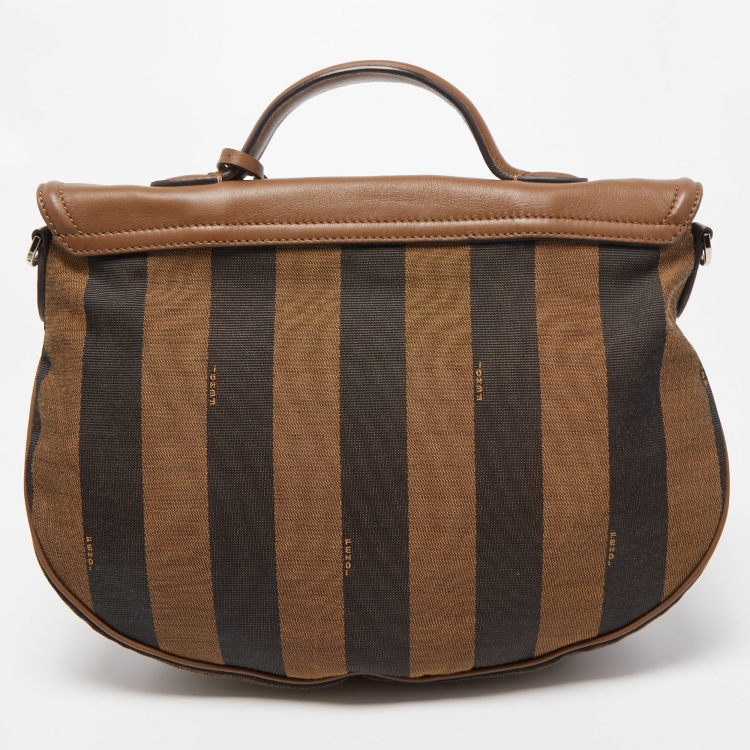 Pre Owned Fendi Tobacco Stripe Canvas and Leather Saddle Top Handle Bag