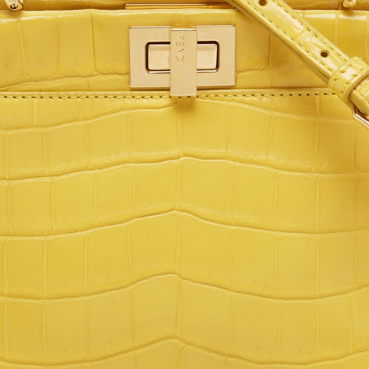 Pre Owned Fendi Yellow Crocodile Leather Mini Peekaboo Top Handle Bag