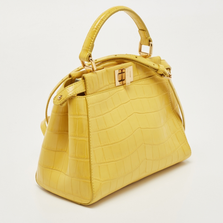 Pre Owned Fendi Yellow Crocodile Leather Mini Peekaboo Top Handle Bag