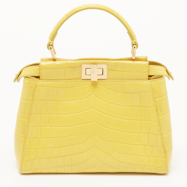 Pre Owned Fendi Yellow Crocodile Leather Mini Peekaboo Top Handle Bag