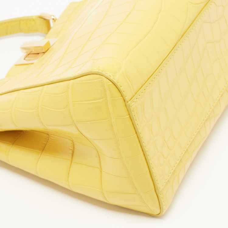 Pre Owned Fendi Yellow Crocodile Leather Mini Peekaboo Top Handle Bag
