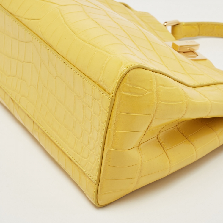 Pre Owned Fendi Yellow Crocodile Leather Mini Peekaboo Top Handle Bag