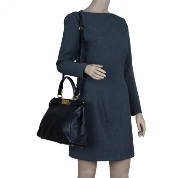 Pre Owned Fendi Black Calfskin Leather Small Peekaboo Tote