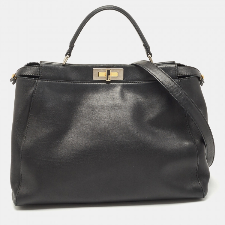 Pre Owned Fendi Black Leather Large Peekaboo Top Handle Bag