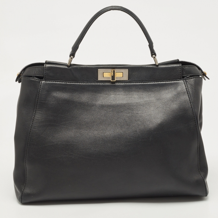 Pre Owned Fendi Black Leather Large Peekaboo Top Handle Bag