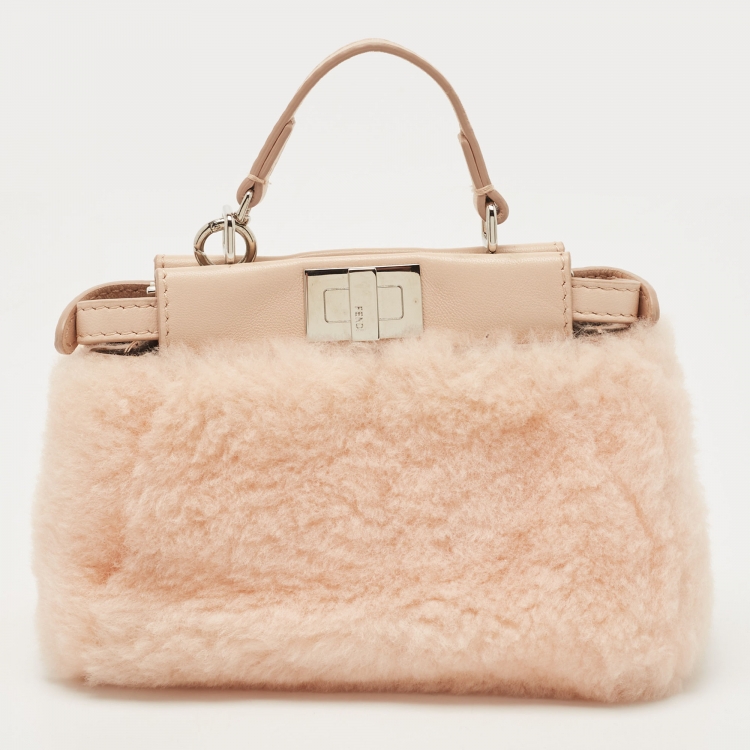 Pre Owned Fendi Powder Pink Shearling and Leather Micro Peekaboo Bag