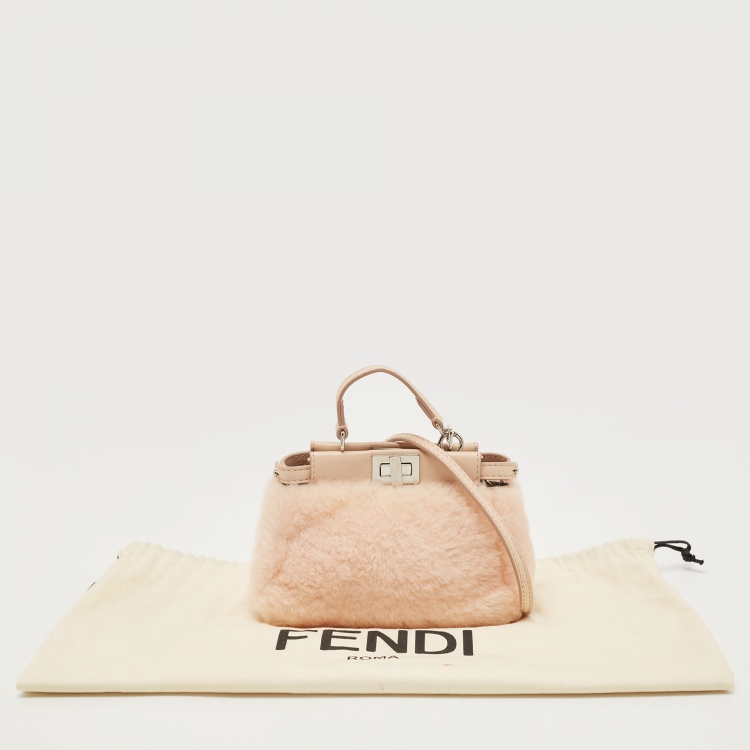 Pre Owned Fendi Powder Pink Shearling and Leather Micro Peekaboo Bag
