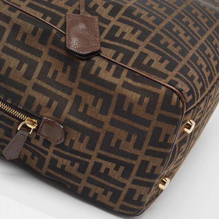 Pre Owned Fendi Tobacco Zucca Canvas and Leather Double Zip Tote