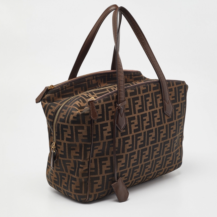 Pre Owned Fendi Tobacco Zucca Canvas and Leather Double Zip Tote