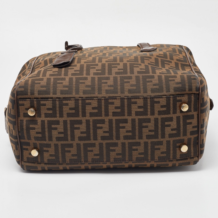 Pre Owned Fendi Tobacco Zucca Canvas and Leather Double Zip Tote
