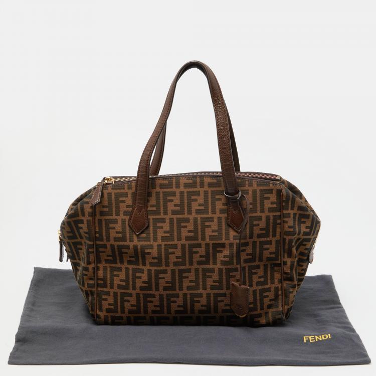Pre Owned Fendi Tobacco Zucca Canvas and Leather Double Zip Tote