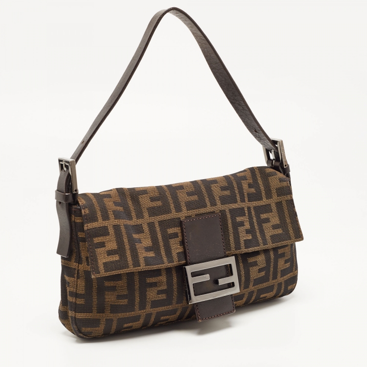 Pre Owned Fendi Brown Zucca Canvas And Leather Baguette Bag