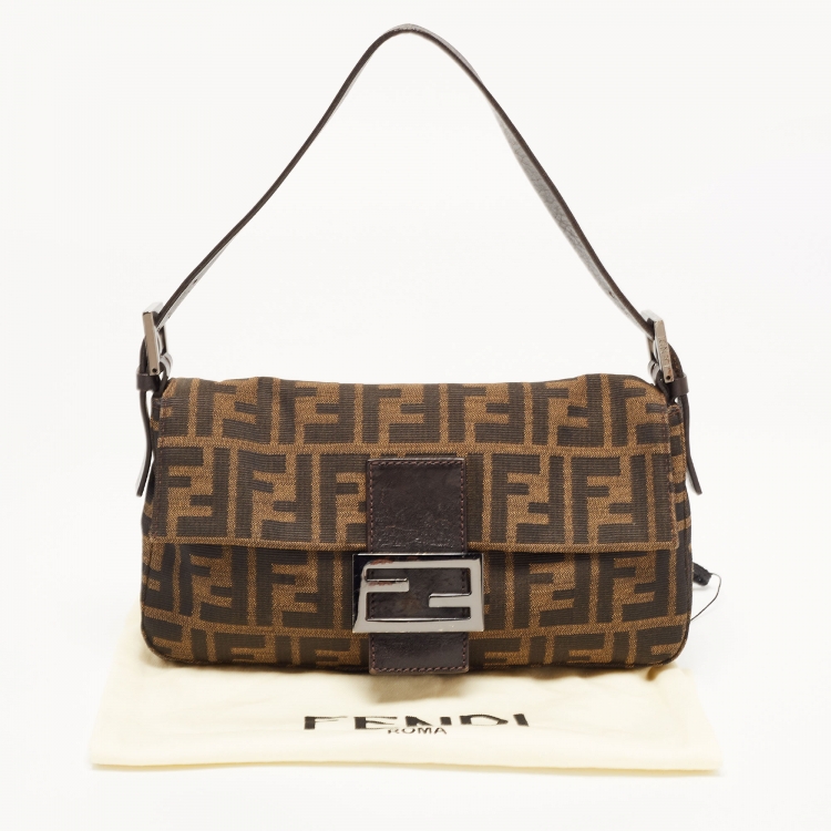 Pre Owned Fendi Brown Zucca Canvas And Leather Baguette Bag