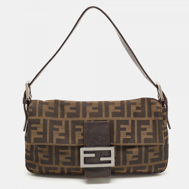 Pre Owned Fendi Brown Zucca Canvas And Leather Baguette Bag