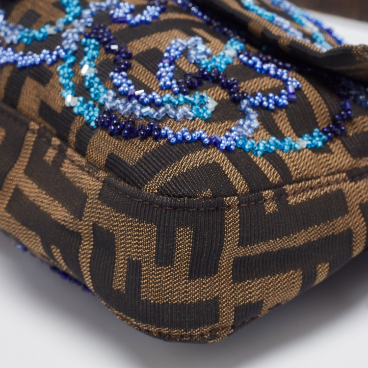 Pre Owned Fendi Tobacco Zucca Canvas Bead Embellished Baguette Bag