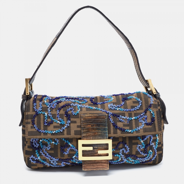 Pre Owned Fendi Tobacco Zucca Canvas Bead Embellished Baguette Bag
