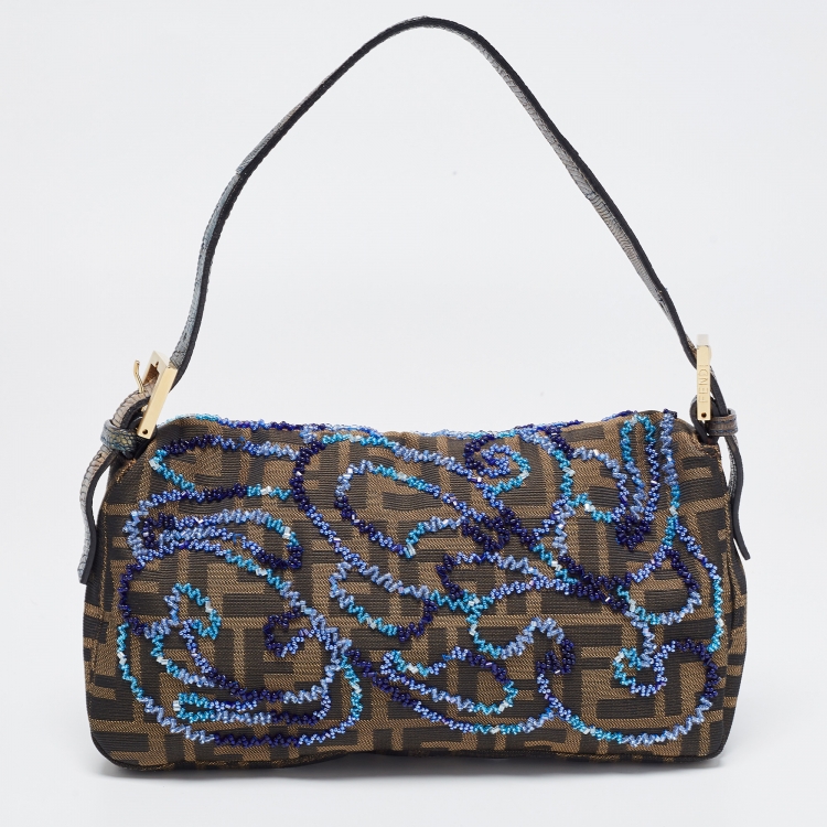 Pre Owned Fendi Tobacco Zucca Canvas Bead Embellished Baguette Bag