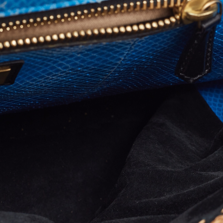 Pre Owned Fendi Beige/Blue Raffia and Watersnake Large Peekaboo Top Handle Bag