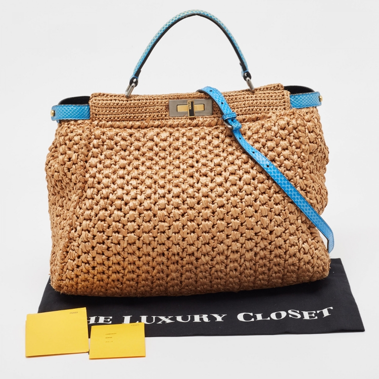 Pre Owned Fendi Beige/Blue Raffia and Watersnake Large Peekaboo Top Handle Bag