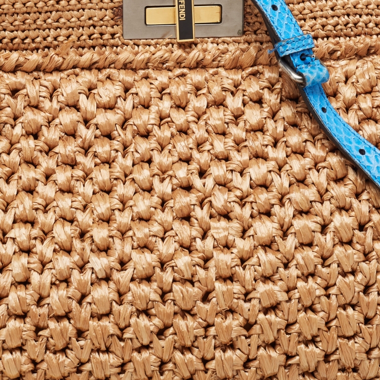 Pre Owned Fendi Beige/Blue Raffia and Watersnake Large Peekaboo Top Handle Bag