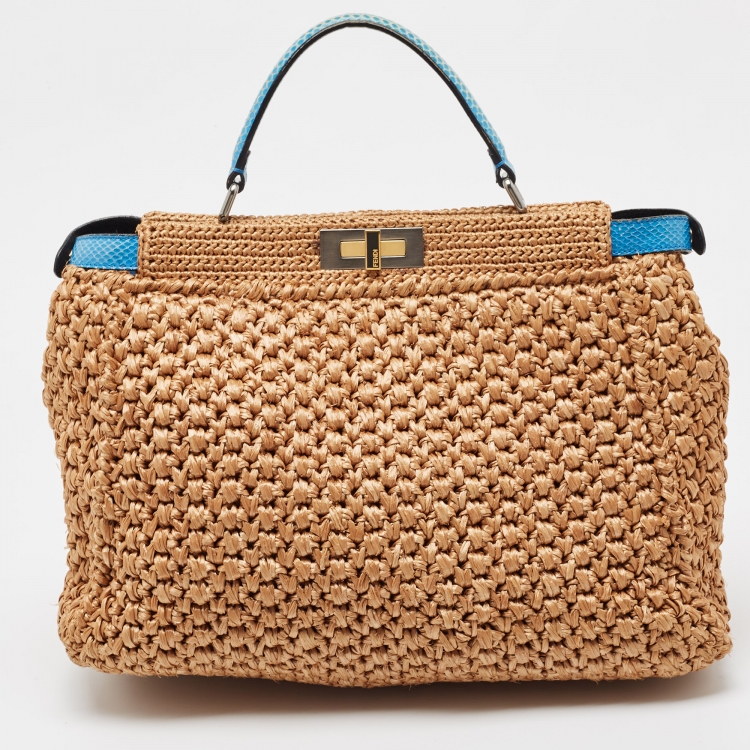 Pre Owned Fendi Beige/Blue Raffia and Watersnake Large Peekaboo Top Handle Bag