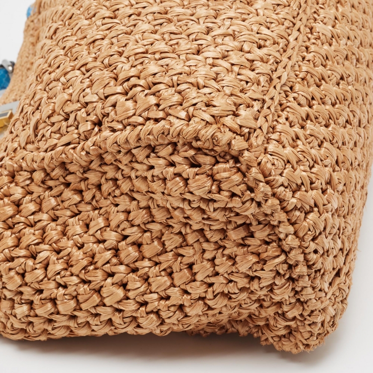 Pre Owned Fendi Beige/Blue Raffia and Watersnake Large Peekaboo Top Handle Bag