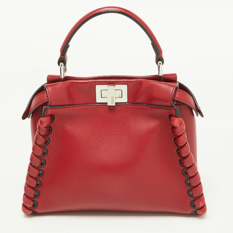 Pre Owned Fendi Red Leather Mini Whipstitch Peekaboo Top Handle Bag