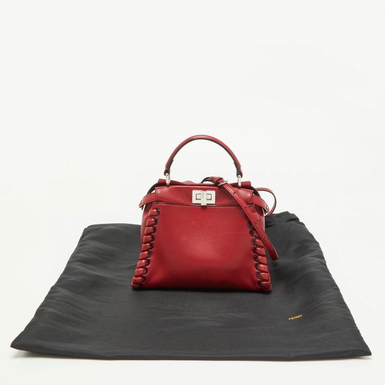 Pre Owned Fendi Red Leather Mini Whipstitch Peekaboo Top Handle Bag