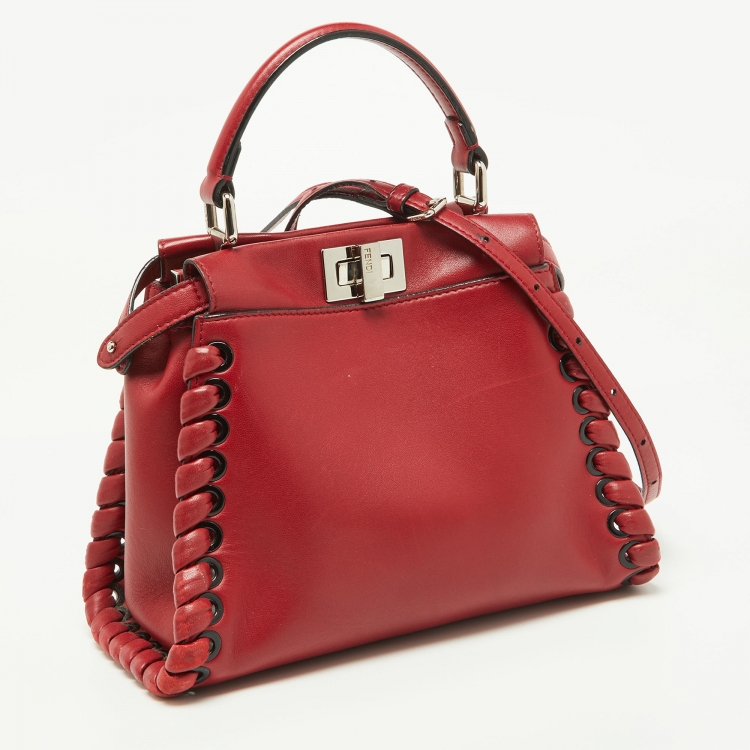 Pre Owned Fendi Red Leather Mini Whipstitch Peekaboo Top Handle Bag