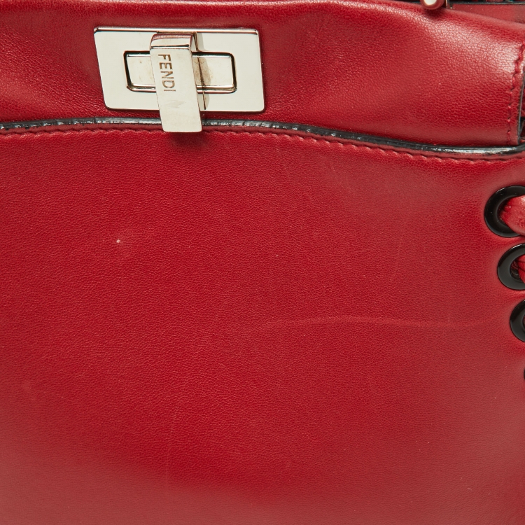 Pre Owned Fendi Red Leather Mini Whipstitch Peekaboo Top Handle Bag