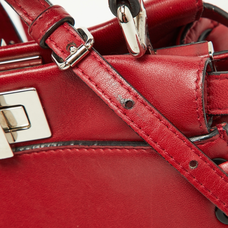 Pre Owned Fendi Red Leather Mini Whipstitch Peekaboo Top Handle Bag