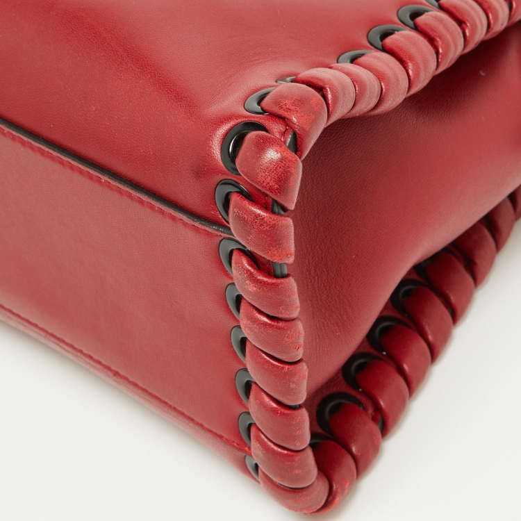 Pre Owned Fendi Red Leather Mini Whipstitch Peekaboo Top Handle Bag