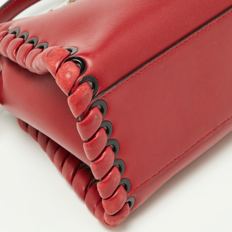 Pre Owned Fendi Red Leather Mini Whipstitch Peekaboo Top Handle Bag