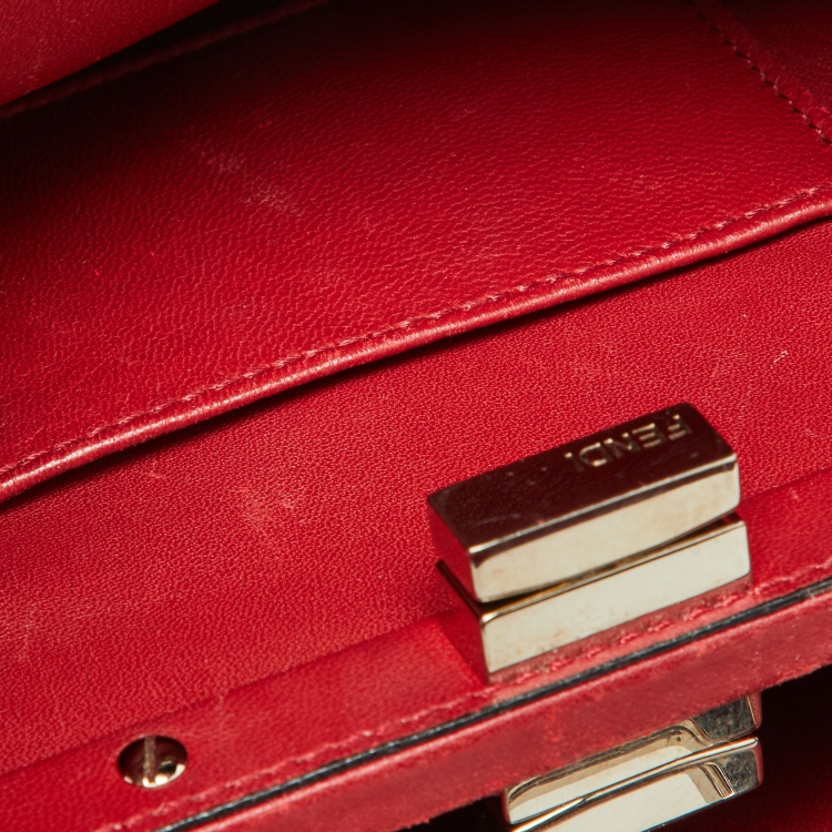 Pre Owned Fendi Red Leather Mini Whipstitch Peekaboo Top Handle Bag