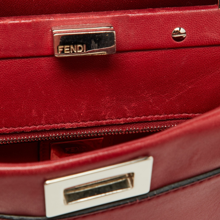 Pre Owned Fendi Red Leather Mini Whipstitch Peekaboo Top Handle Bag