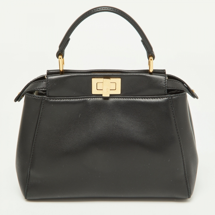 Pre Owned Fendi Black Leather Mini Peekaboo Top Handle Bag