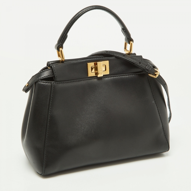 Pre Owned Fendi Black Leather Mini Peekaboo Top Handle Bag