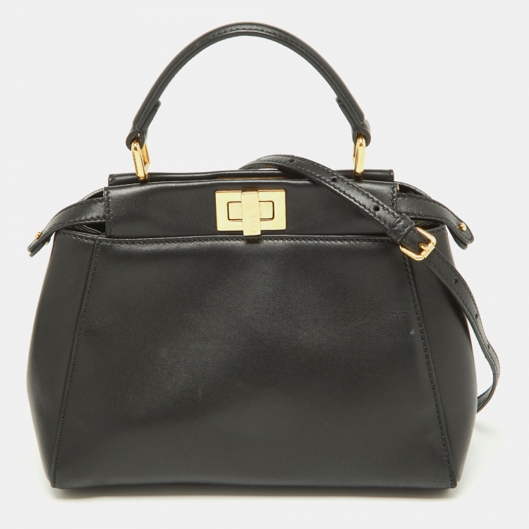 Pre Owned Fendi Black Leather Mini Peekaboo Top Handle Bag