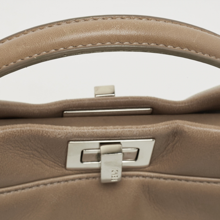 Pre Owned Fendi Dark Beige Leather Mini Peekaboo Top Handle Bag