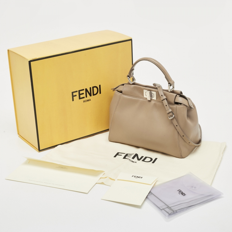 Pre Owned Fendi Dark Beige Leather Mini Peekaboo Top Handle Bag