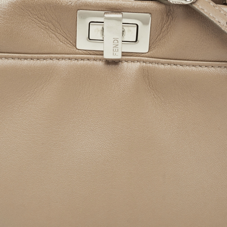 Pre Owned Fendi Dark Beige Leather Mini Peekaboo Top Handle Bag