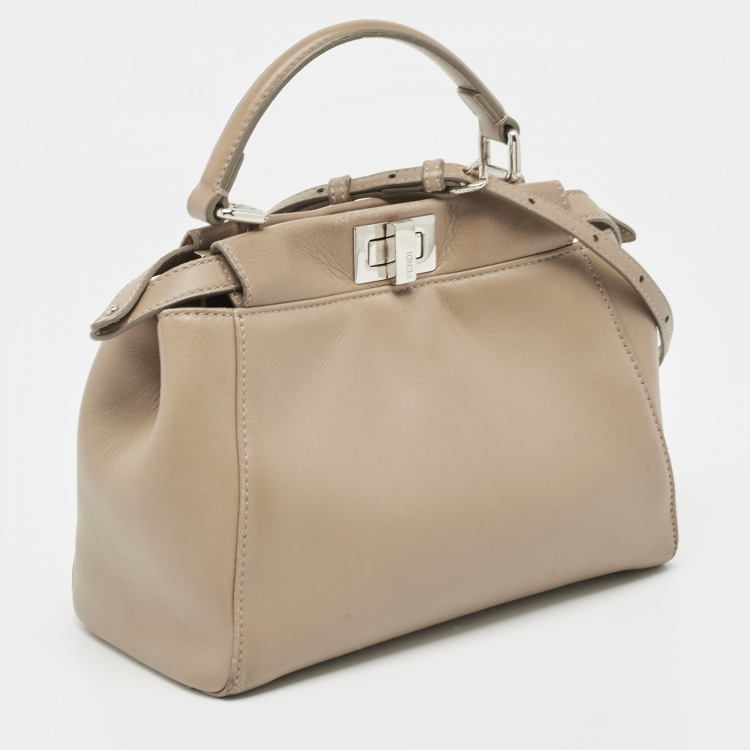Pre Owned Fendi Dark Beige Leather Mini Peekaboo Top Handle Bag